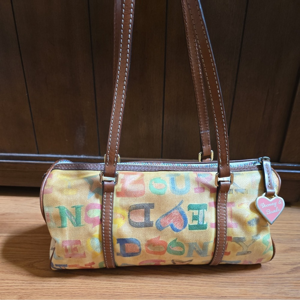 VTG Dooney & Bourke Mini Barrel Bag All Over Print Purse Heart Charm Y2k 90s